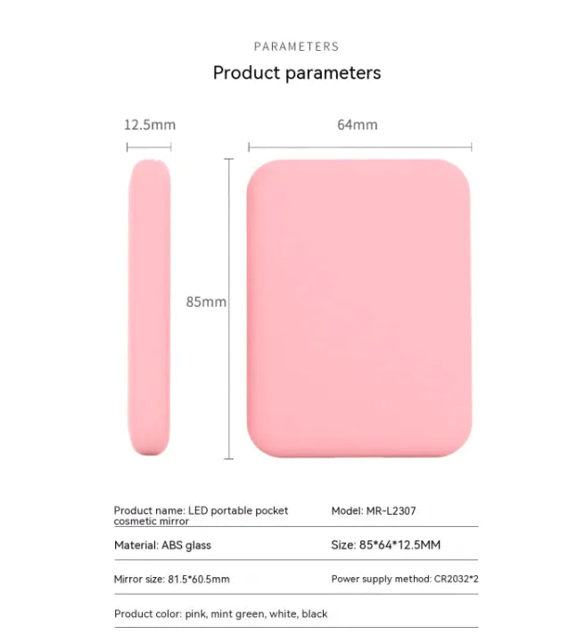GlowFold LED makeup mirror product dimensions 85x64x12.5mm in pink, with material details and available colors